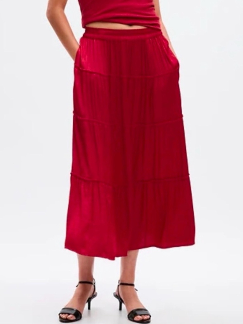 GAP Satin Red Tiered Maxi Skirt